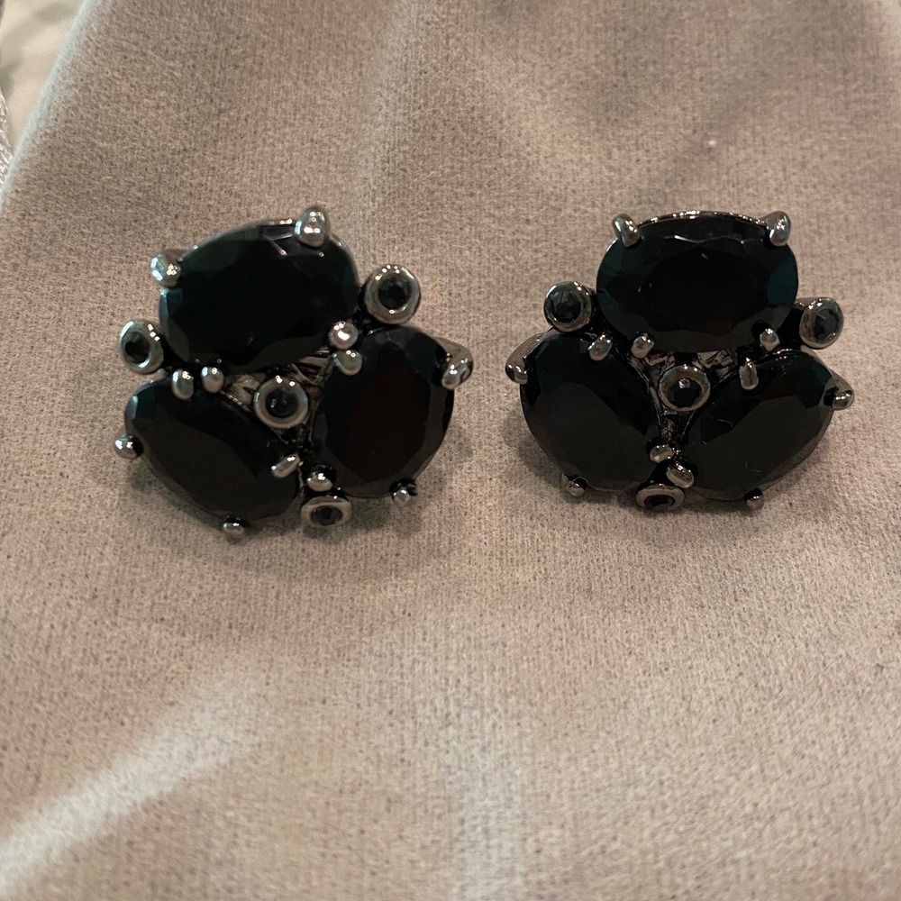 Monet Vintage Black Crystal Cluster Clip On Earring Gunmetal Tone Statement Stud